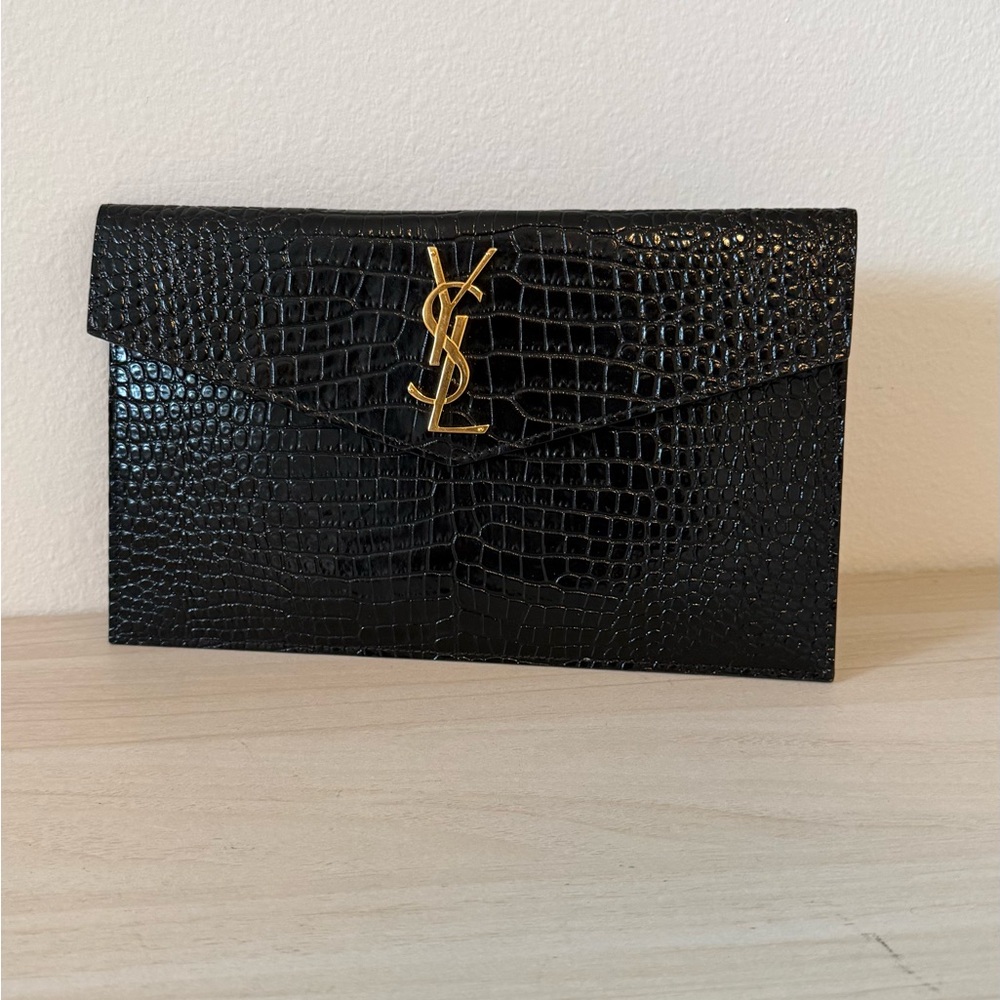 Saint Laurent Black Croc-Embossed Clutch with Gold YSL Logo - Picture 2 of 4